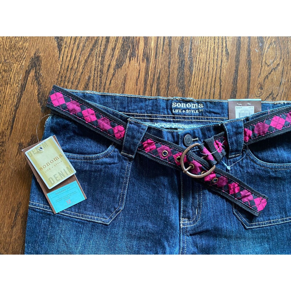 NWT Sonoma 12 jeans flare leg cargo pocket dark blue 12 stretch Belt Brand New - Picture 2 of 7